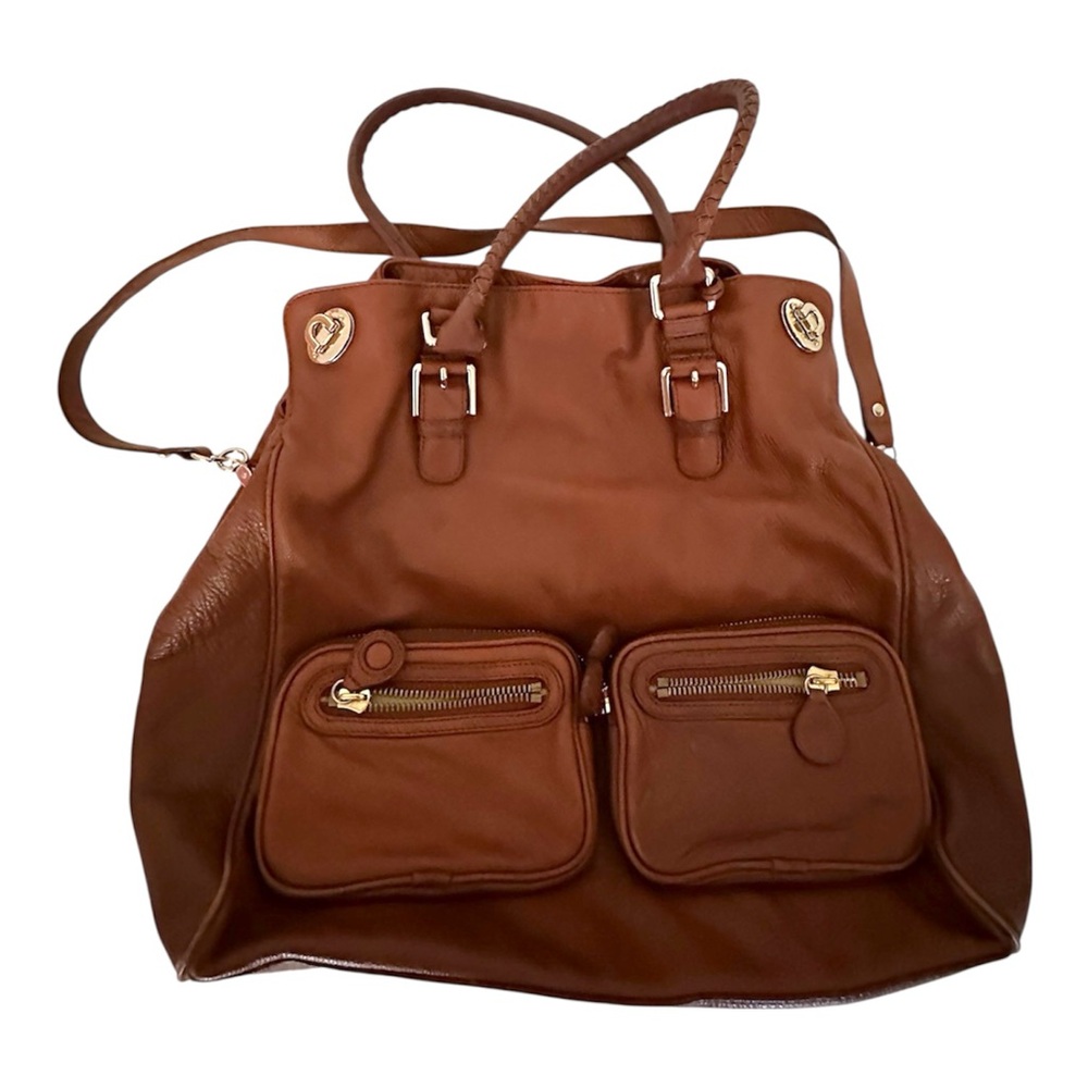 Elliot Lucca Cognac Brown Leather Oversized Satchel Tote w Pockets Y2K Vintage